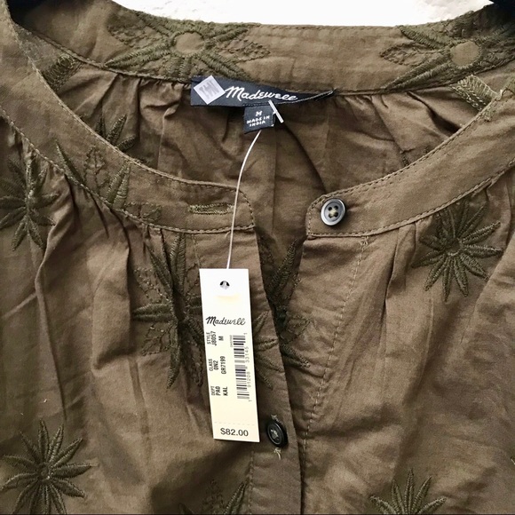 NEW Madewell olive embroidered bubble sleeve shirt - Picture 3 of 8